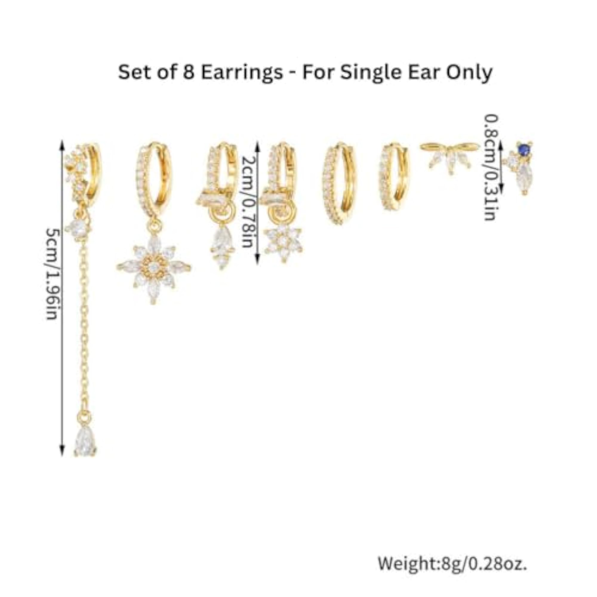 Set of 8 Zircon 18K Gold Plated Earring Set, Dazzling